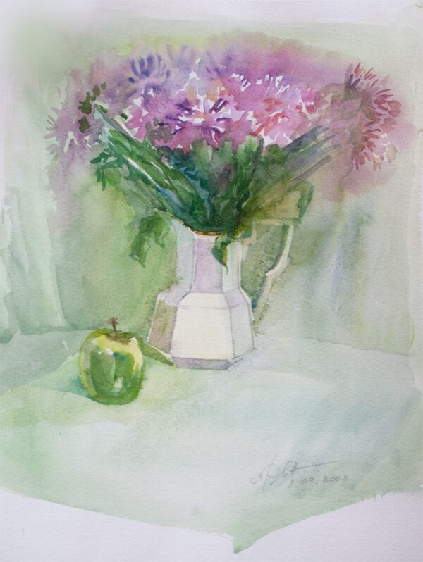 Watercolour Bouquet of chrysanthemums , Still life by Nadine Platt